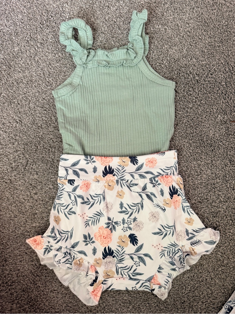 Olive Ruffle Tank with Floral Ruffle Shorts Set - Picture 2 of 12